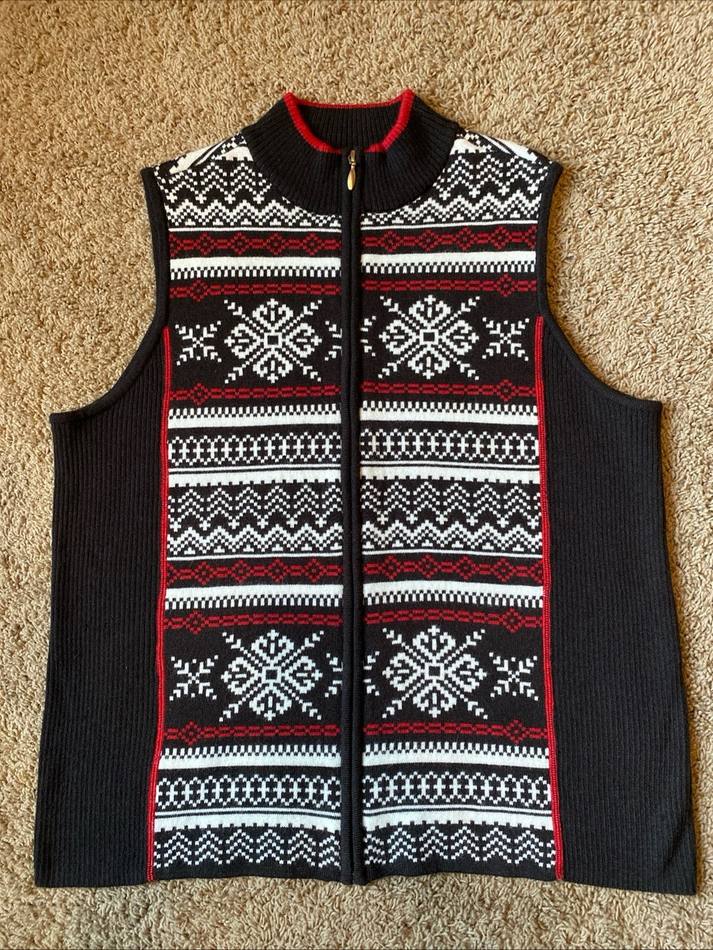 CJ Banks Sweater Vest Womens Size 1X Black Fair Isle Christmas Full Zip Holiday